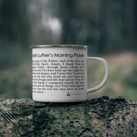 Enamel Coffee Mug — Martin Luther’s Morning & Evening Prayer with Cross (Camping Coffee Cup)