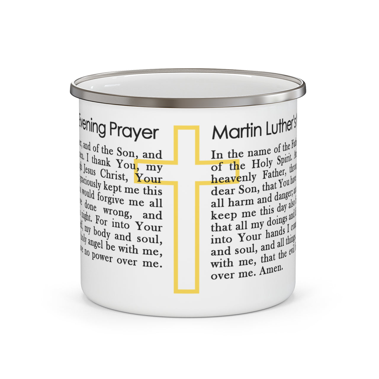 Enamel Coffee Mug — Martin Luther’s Morning & Evening Prayer with Cross (Camping Coffee Cup)
