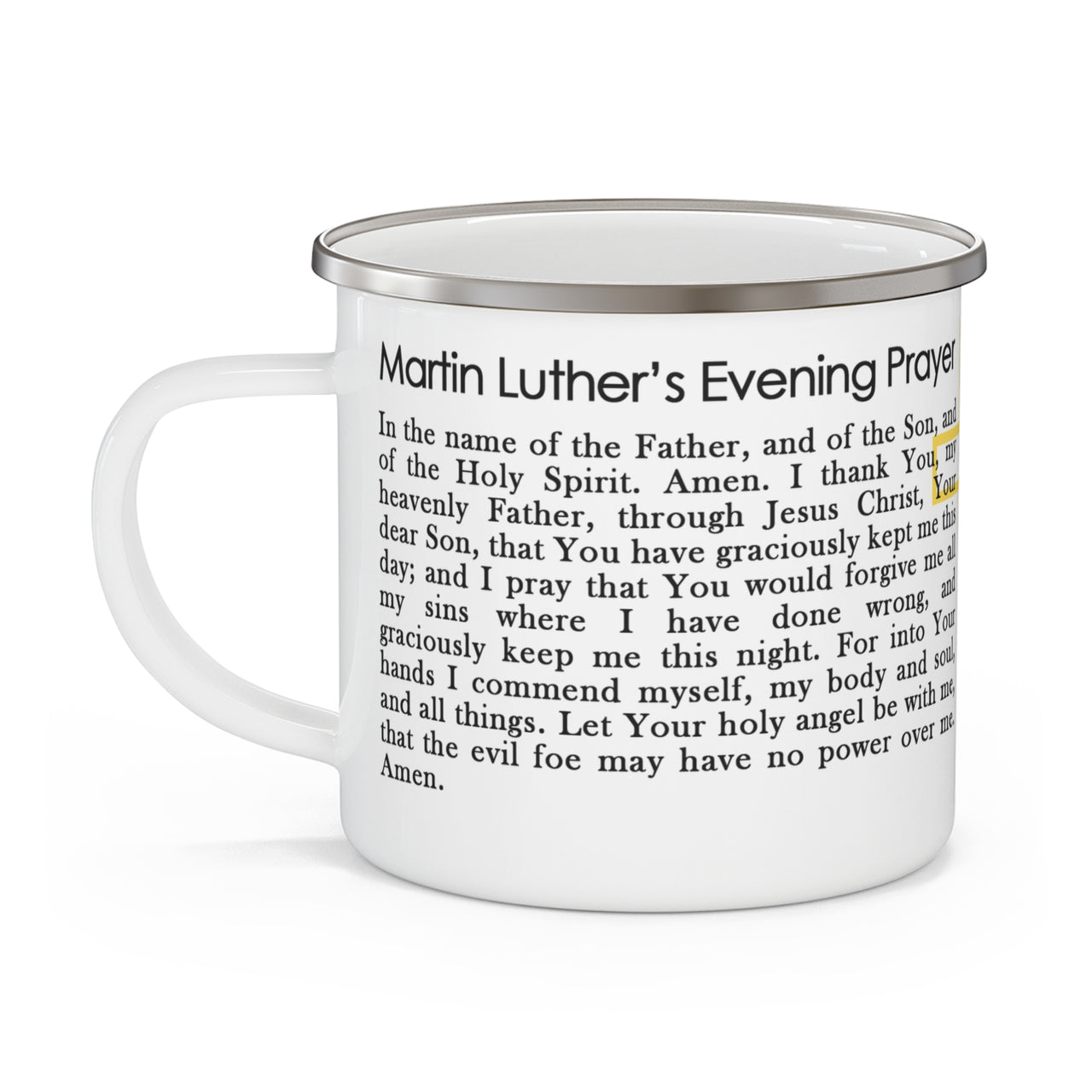 Enamel Coffee Mug — Martin Luther’s Morning & Evening Prayer with Cross (Camping Coffee Cup)