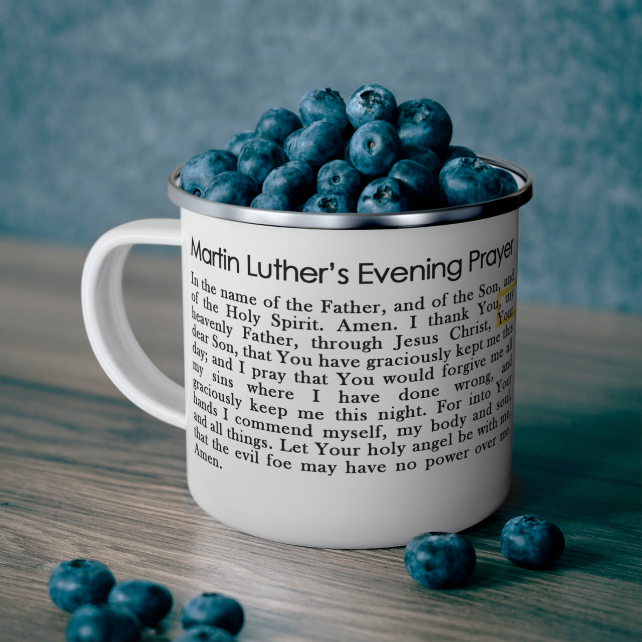 Enamel Coffee Mug — Martin Luther’s Morning & Evening Prayer with Cross (Camping Coffee Cup)