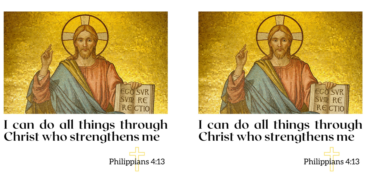 two pictures of jesus holding a sign with the words i can do all things through