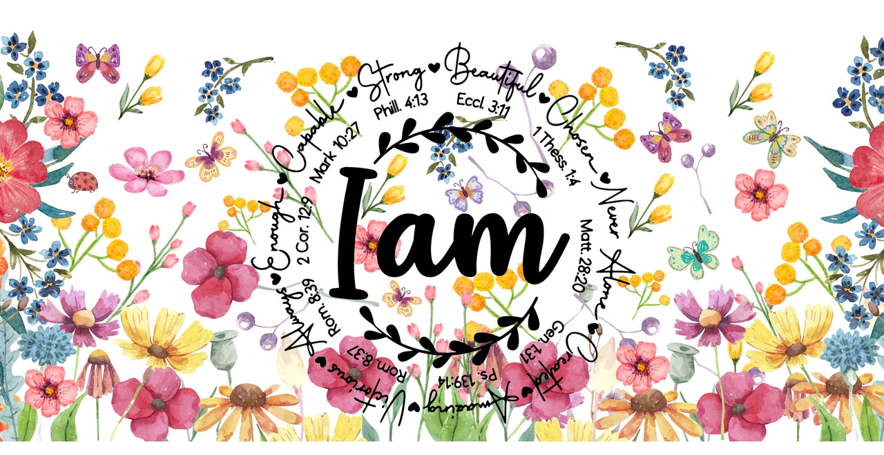 a watercolor painting of flowers with the word i am in the center