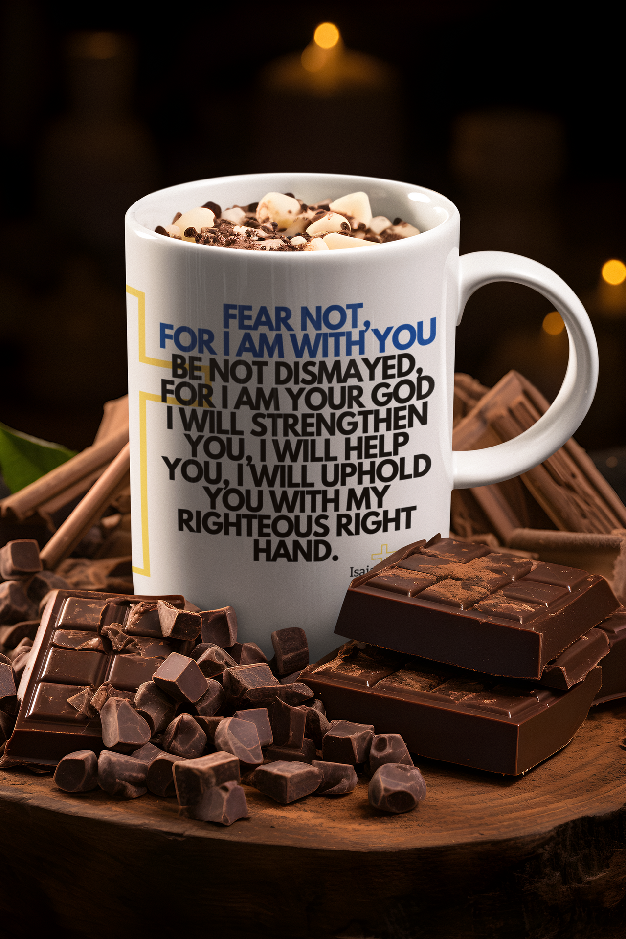 a coffee mug with a quote on it next to a pile of chocolate