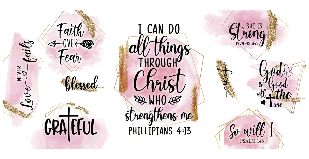 a set of pink and gold bible verses