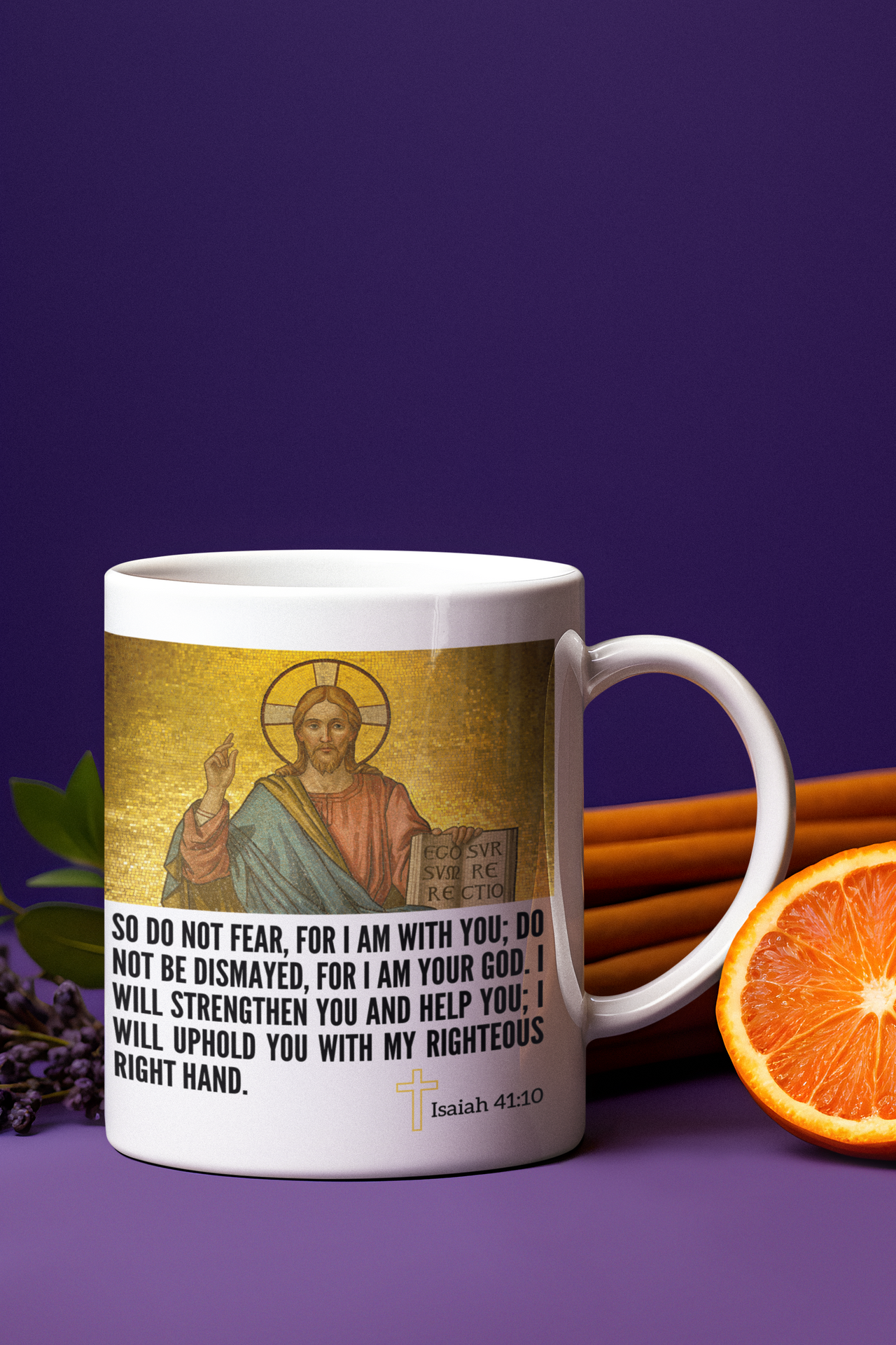 a coffee mug with a picture of jesus on it